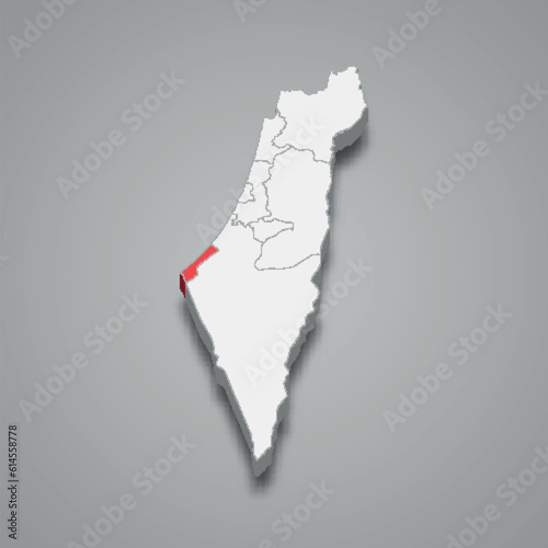 Gaza Strip district location within Israel 3d map