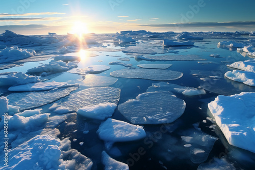 Ice sheets melting in the arctic ocean or waters. AI generative