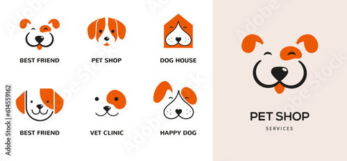 Modern style pets logos, icons. Dog, cat illustrations and symbols