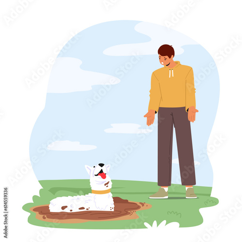Dog Displaying Undesirable Behavior By Lying In A Dirty Puddle, Possibly Indicating A Behavioral Problem, Illustration