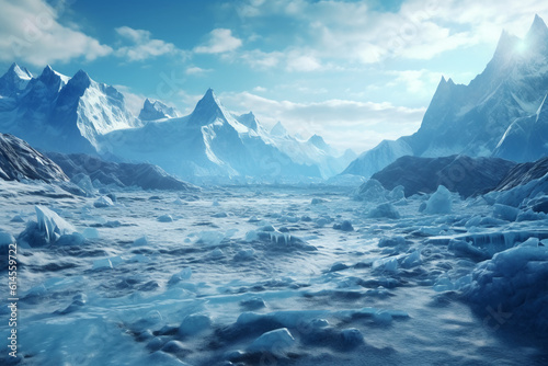 Roup of warriors captured this icy and glacier land. AI generative