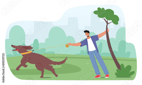 Leash Pulling, Common Behavior Problem Where A Dog Forcefully Pulls Their Owner Characters On A Leash