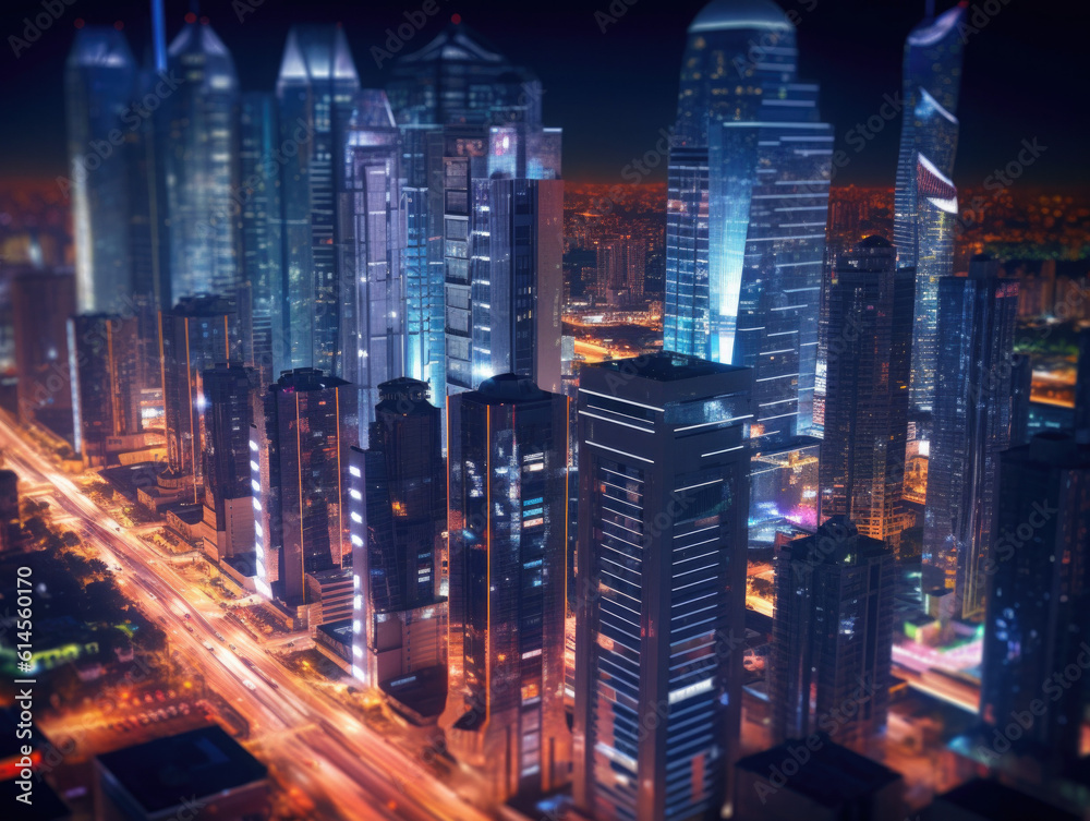 Fototapeta premium A beautiful modern megapolis city view from above at night
