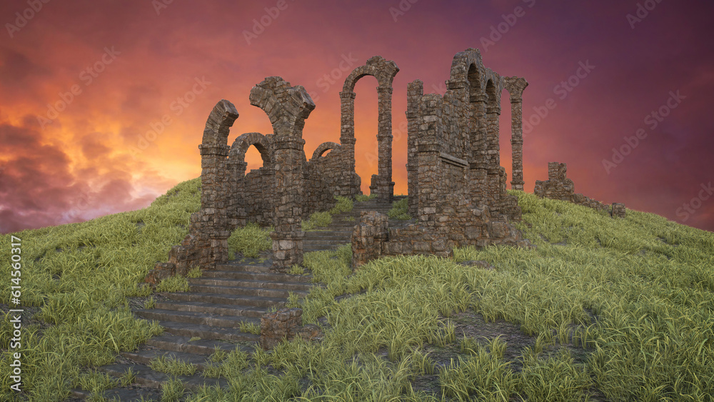 Gothic medieval ruins on a hill with sunset sky behind. 3D rendering.