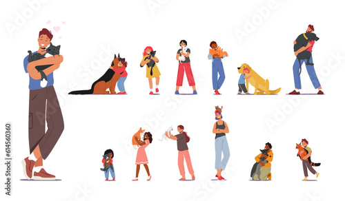 Set of Pet Owner Characters With Cats And Dogs, Sharing Their Lives With Furry Companions. Joyful Moments
