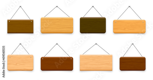 Wooden hanging signboards. Made of wood door sign for cafe, restaurant, bar or retail store. Announcement banner, information signage for business or service. Vector illustration