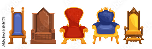 Set Of Royal Thrones, Majestic And Regal, Adorned With Intricate Carvings And Luxurious Upholstery, Vector Illustration