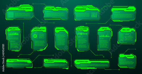 Green futuristic HUD, UI elements. Sci-fi user interface text boxes, callouts. Warning message frames, information boxes template. Modern game interface layout in digital style. Vector illustration