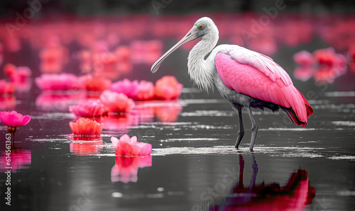 roseate spoonbill standing in water with pink flowers. Generative AI image. photo