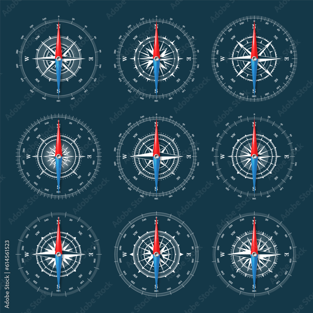 Marine compass, nautical wind rose with cardinal directions of North, East, South, West and degree markings. Geographical position and orientation, cartography and navigation. Vector illustration Marine compass, nautical wind rose with cardinal directions of North, East, South, West and degree markings. Geographical position and orientation, cartography and navigation. Vector illustration