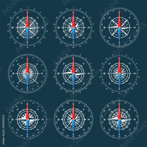 Marine compass, nautical wind rose with cardinal directions of North, East, South, West and degree markings. Geographical position and orientation, cartography and navigation. Vector illustration