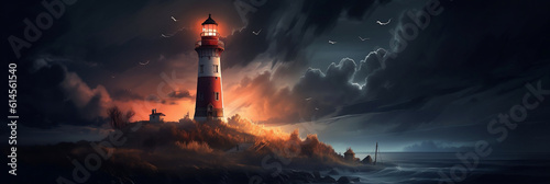 Leuchtturm bei Nacht im Sturm Surreal Digital Art Gem?lde Digital Kunst Illustration Background Hintergrund, Generative AI