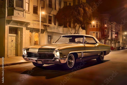 classic american car on an urban street at night - generative ai © Martin