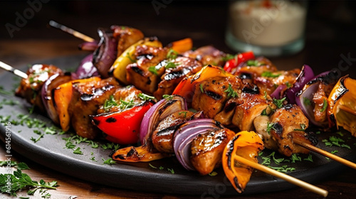 Grilled chicken skewers with colorful bell peppers