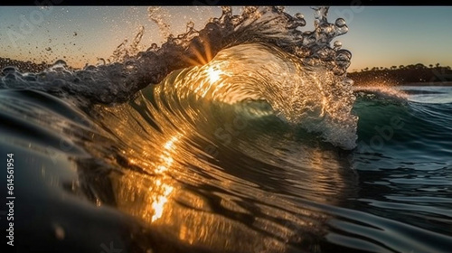 Inside a rolling wave in the ocean as it breaks at sunrise or sunset