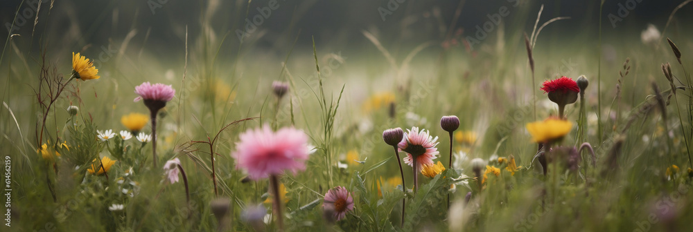 a bunch of flowers that are in a field of grass and flowers are in the foreground, with a blurry background of the grass and flowers in the foreground, Generative AI