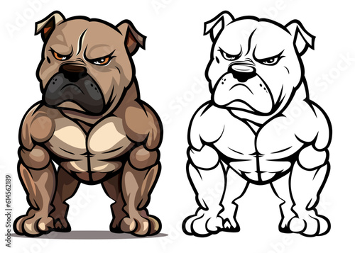 Angry Pitbull dog cartoon mascot vector illustration , Unhappy muscular Pitbull or American bully dog vector image colored and black and white version