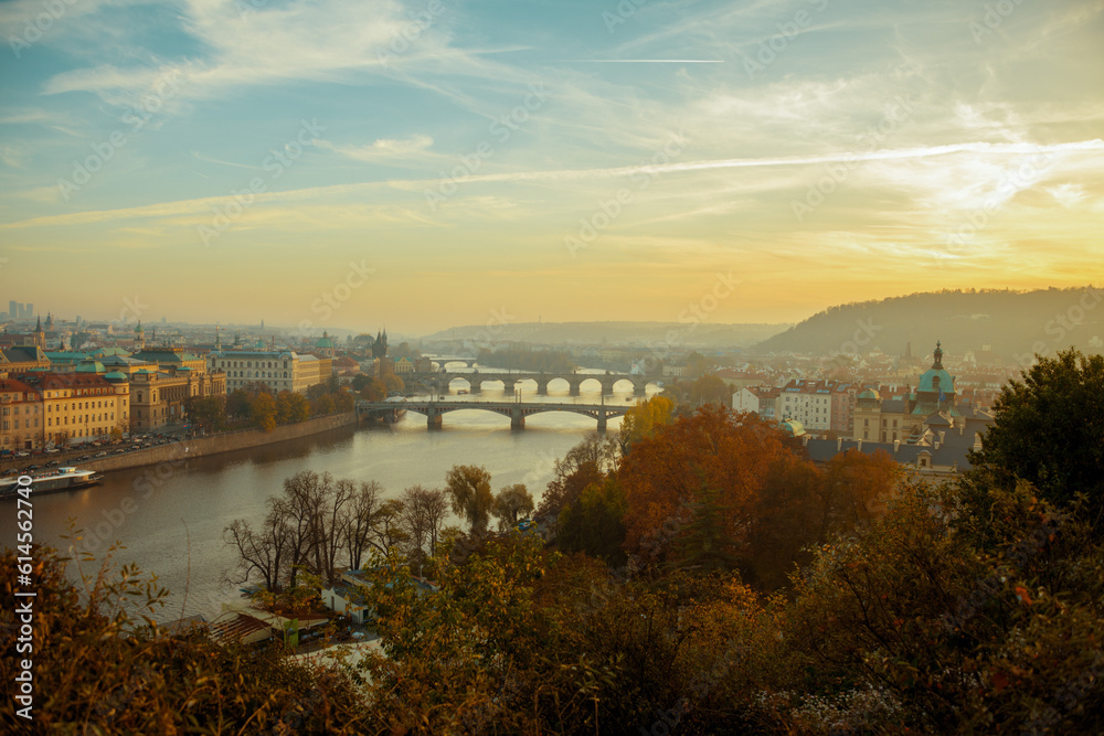 landscape at sundown in autumn in Prague, Czech Republic