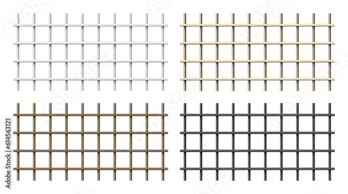 Realistic shiny metal prison bars isolated on white background. Detailed jail cage, prison iron fence. Criminal background mockup. Vector illustration
