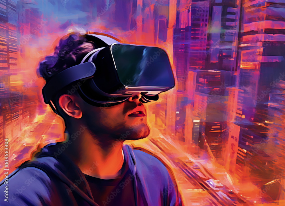 I-generated illustration featuring a man donning a futuristic VR helmet. Realm of digital innovation where the boundaries between reality and virtuality blur. Immersive adventure. digital empowerment I-generated illustration featuring a man donning a futuristic VR helmet. Realm of digital innovation where the boundaries between reality and virtuality blur. Immersive adventure. digital empowerment