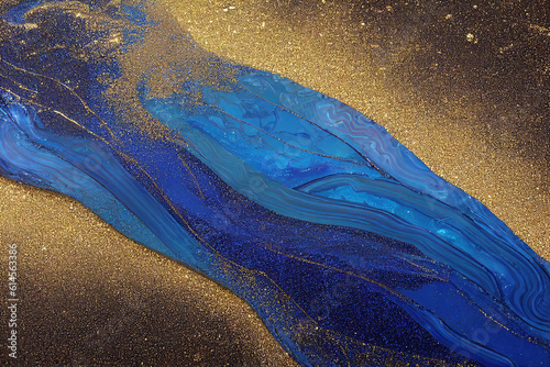 Blue and golden acrylic liquid ink swirl abstract background with ravishing turbulence wavy pattern and detailed texture. Luxury fluid liquid art by Generative AI.