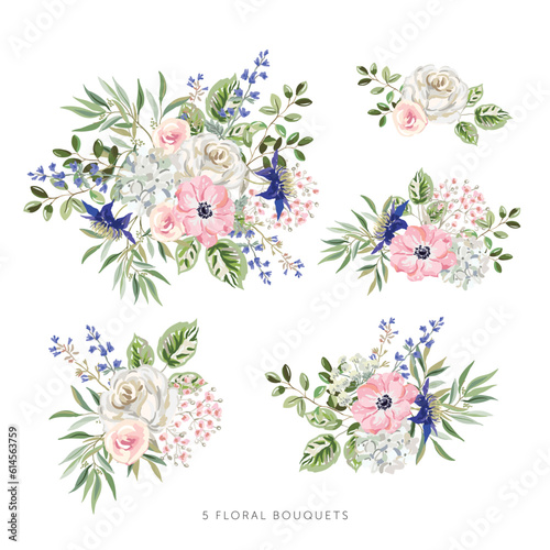 Set of the floral arrangements. Pink ranunculus, roses, blue clematis with green leaves bouquets, white background. Vector illustration. Romantic garden. Summer nature. Wedding design