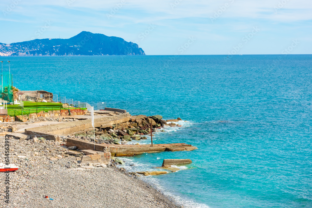 Blue sea and beach of Genoa, Liguria,  Italy