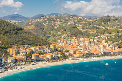 Aerial view of Noli town on the Ligurian Sea, Italy