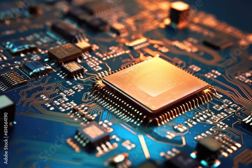 Close – up chip. Hight semiconductor technology chip on integrated circuit board, line in light, metallic luster, technology, Abstract technology background,Generative AI illustration.