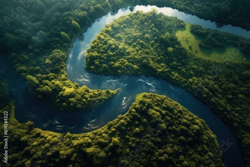 Abstract aerial top view unveils the meandering River Aa gracefully winding its way through a lush forest, forming a picturesque scene from above. Generative AI