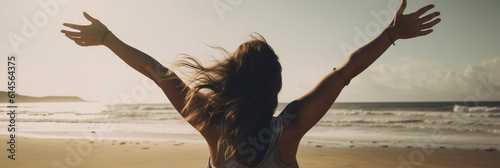 Woman cheering at the beach, Generative AI