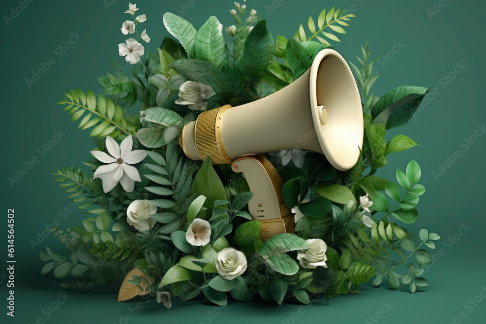A megaphone covered with lush plants, serving as a symbolic