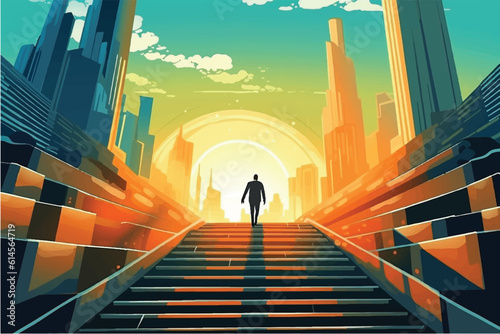 cartoon vector illustration of Path of Possibilities, Entrepreneur draws success while climbing career stairs