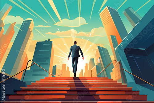 cartoon vector illustration of Path of Possibilities, Entrepreneur draws success while climbing career stairs