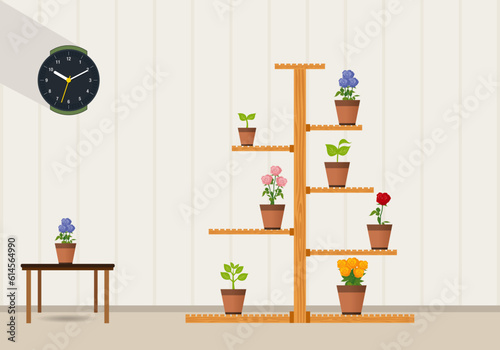Flower bed. Flowers on the flower bed. Coffee table and flower. The living room of the house, the clock, the coffee table, the flower and bed.