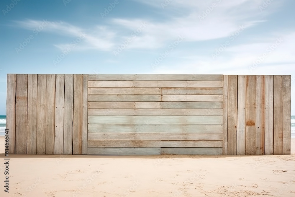 A wooden advertising board stands on the sandy beach, providing ample copy space for captivating messages.