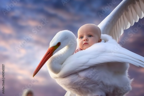 A stork carries a human baby between its wings. Ai generated. photo