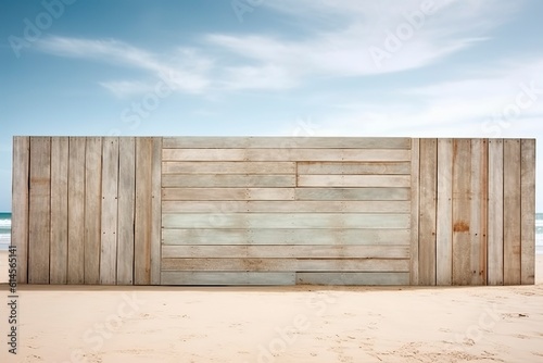 A wooden advertising board stands on the sandy beach, providing ample copy space for captivating messages.