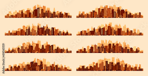 City silhouettes. Cityscape, town skyline, horizontal panorama. Midtown, downtown with various buildings, houses and skyscrapers. Vector illustration