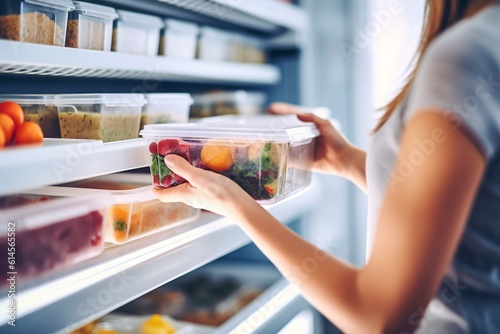 Effortlessly enjoy a nutritious meal as a woman picks up a convenient lunch box filled with delicious, already prepared and frozen food. AI Generated.