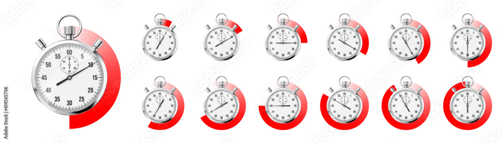 Realistic classic stopwatch. Shiny metal chronometer, time counter with dial. Red countdown timer showing minutes and seconds. Time measurement for sport, start and finish. Vector illustration Realistic classic stopwatch. Shiny metal chronometer, time counter with dial. Red countdown timer showing minutes and seconds. Time measurement for sport, start and finish. Vector illustration