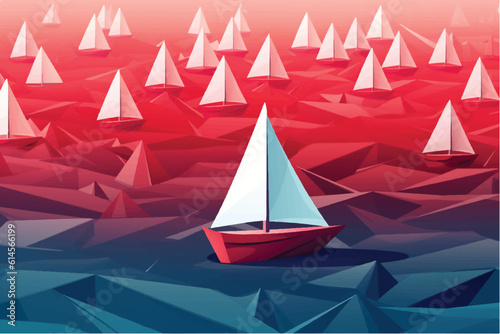 cartoon vector illustration of Leading the Fleet, Origami red paper boat stands out among white fleet