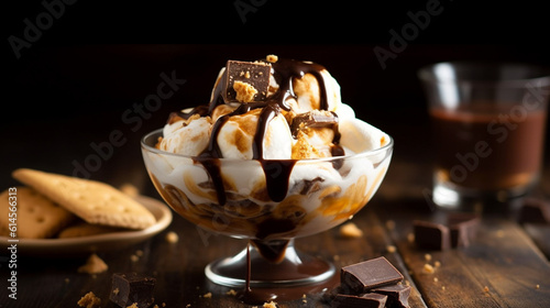 Smores ice cream sundae with chocolate sauce photo
