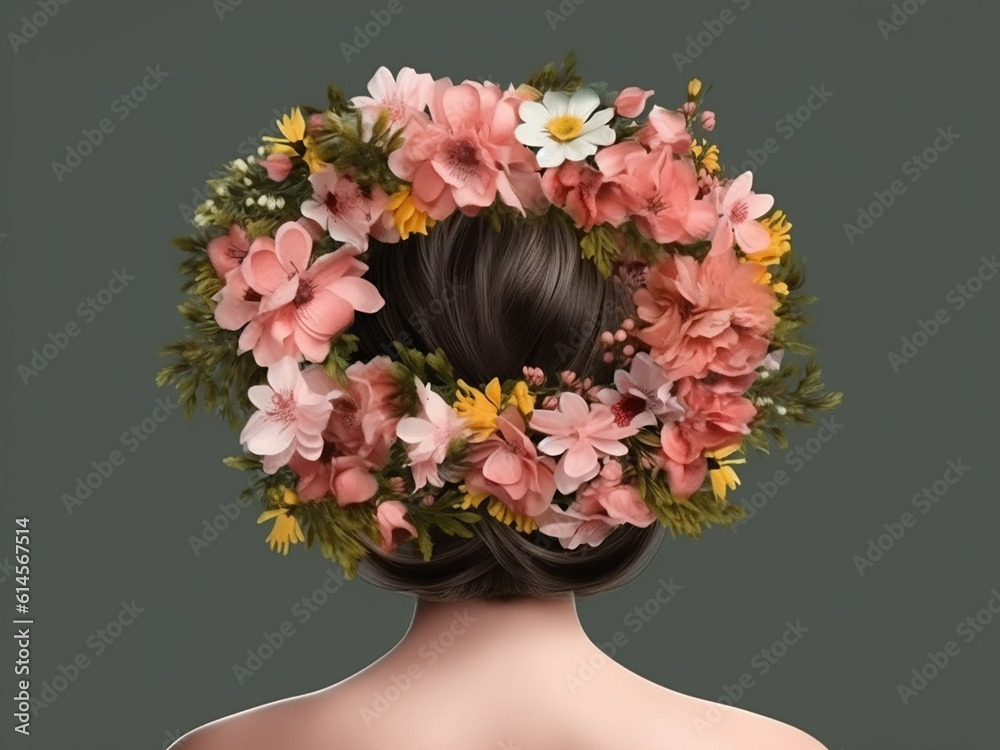 Flower wreath on the head of a woman, close-up and view from the back. Generative AI