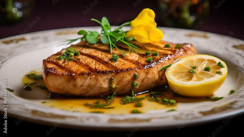 Grilled swordfish steak, gourmet fine dining grilled swordfish steak Stock Photo Adobe Stock