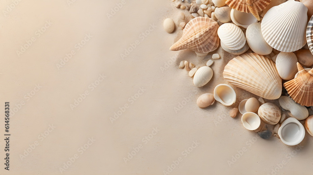 a group of seashells and rocks on sand