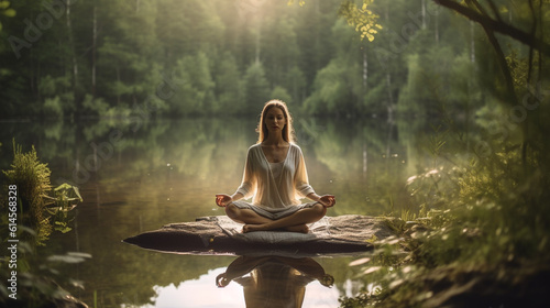 Female Yoga instructor meditating infront of a forest and river  peaceful yoga in the woods