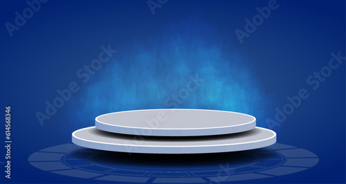 Table, podium, presentation monitor. Portal and hologram futuristic Neon color circle elements.