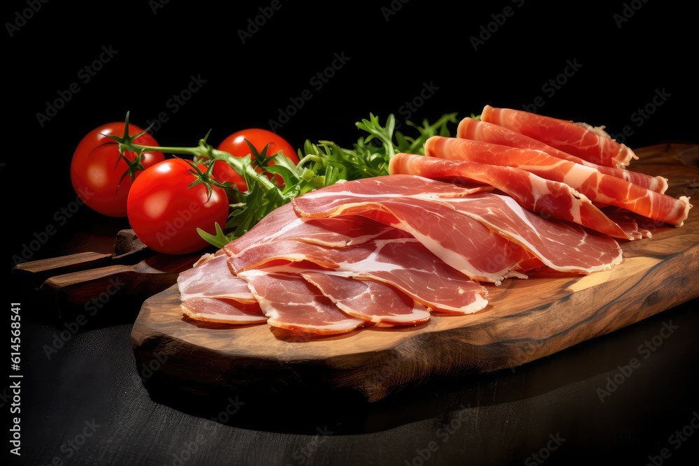 Prosciutto slices with figs on a dark wooden board.appetizer ,from dry ,cured ham, rustic style,..Prosciutto slices with figs on a dark wooden. Generative AI illustration.
