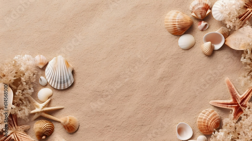 a group of seashells and rocks on sand